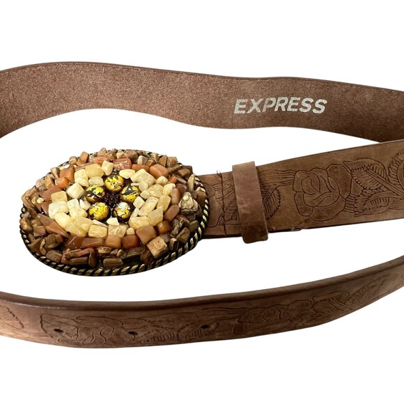 Express Brown Floral Tooled Leather Belt w Stone & Rock Buckle  Size S  Artisan - Picture 7 of 14